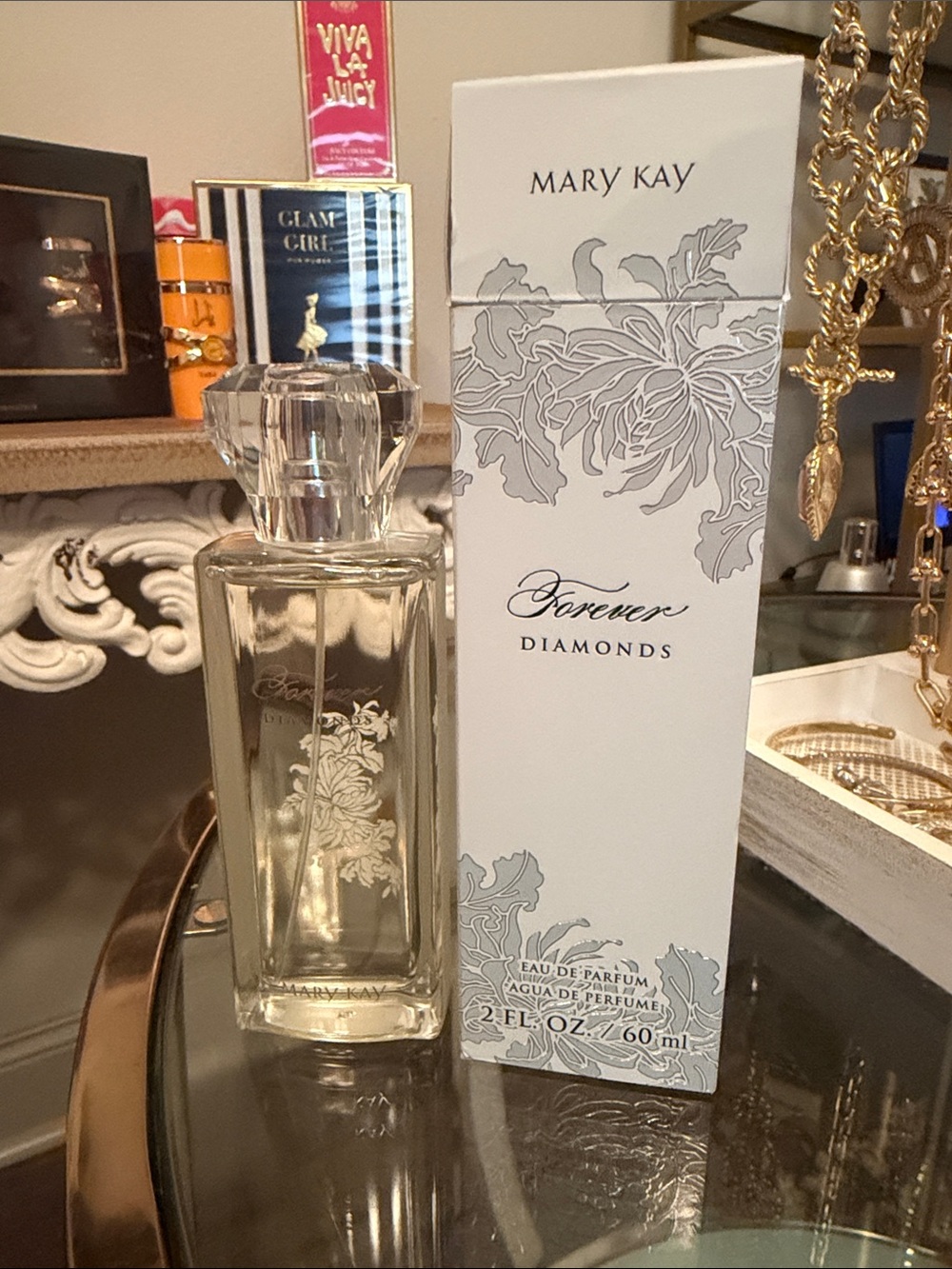 Mary Kay Forever Diamonds Perfume — Clear Bottle with Silver Floral Accents